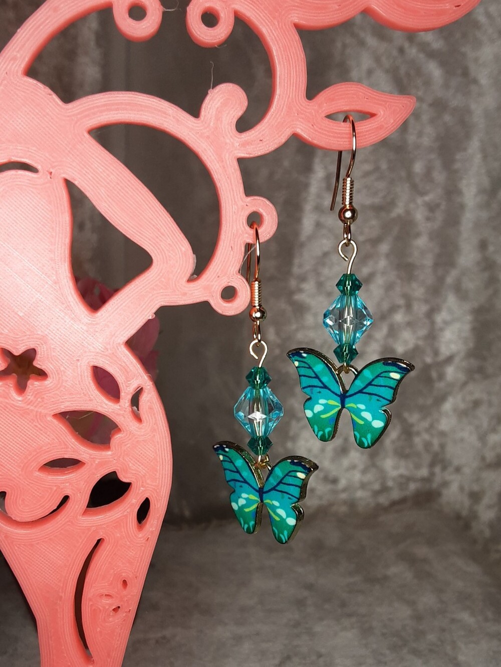 Handmade Teal Butterfly Crystal Drop Earrings